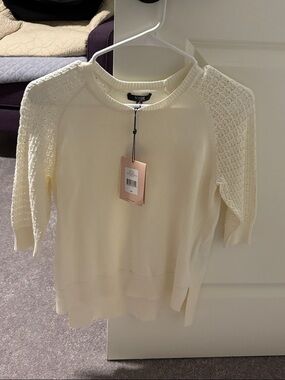 NYDJ Cream Crewneck Sweater with Lace Knit Sleeves